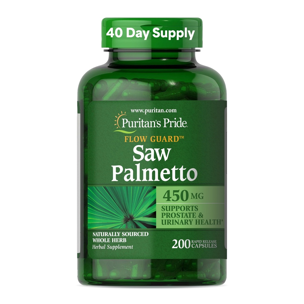 Puritan's Pride Flow Guard TM Saw Palmetto Extract 450mg, Natural Cel Herb Tradicionalni zeliščni prehranski dodatek za moške prostate in zdravje v urinu, 200 kapsul za hitro sproščanje