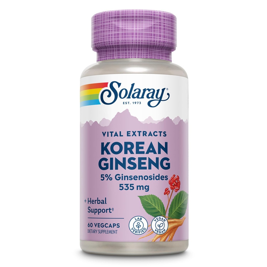 SOLARAY korejski korenski ekstrakt ginsenga - zeliščna podpora za občasni stres, energijo in telesno vzdržljivost - 5% ginsenoside - Vegan, laboratorij preverjen - 60 Serving, 60 VegCaps