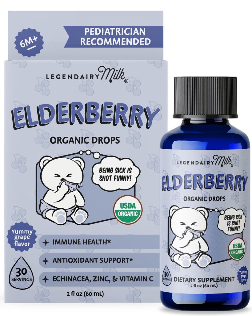 Legendy Milk Organic Elderberry Drops - Baby multivitamin z Echinacea, Vitamin C & cink za imuno podporo - Idealno za dojenčke in malčke, Non-GMO - 30 Servings