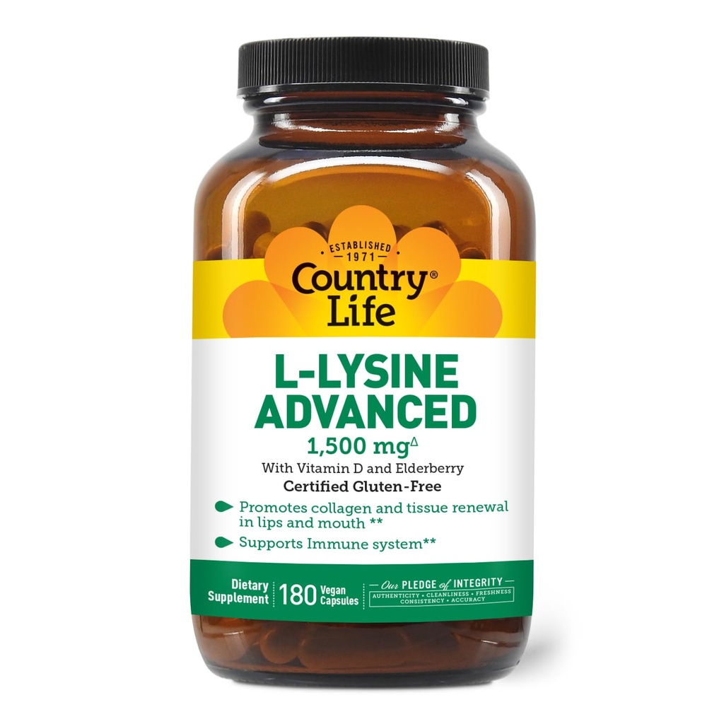 Country Life L-Lysine 1500mg Kapsule z vitaminom D & Elderberry – napredna imunska podpora in kolagenska obnova – Certified Gluten-free & Vegan – 180 kapsul