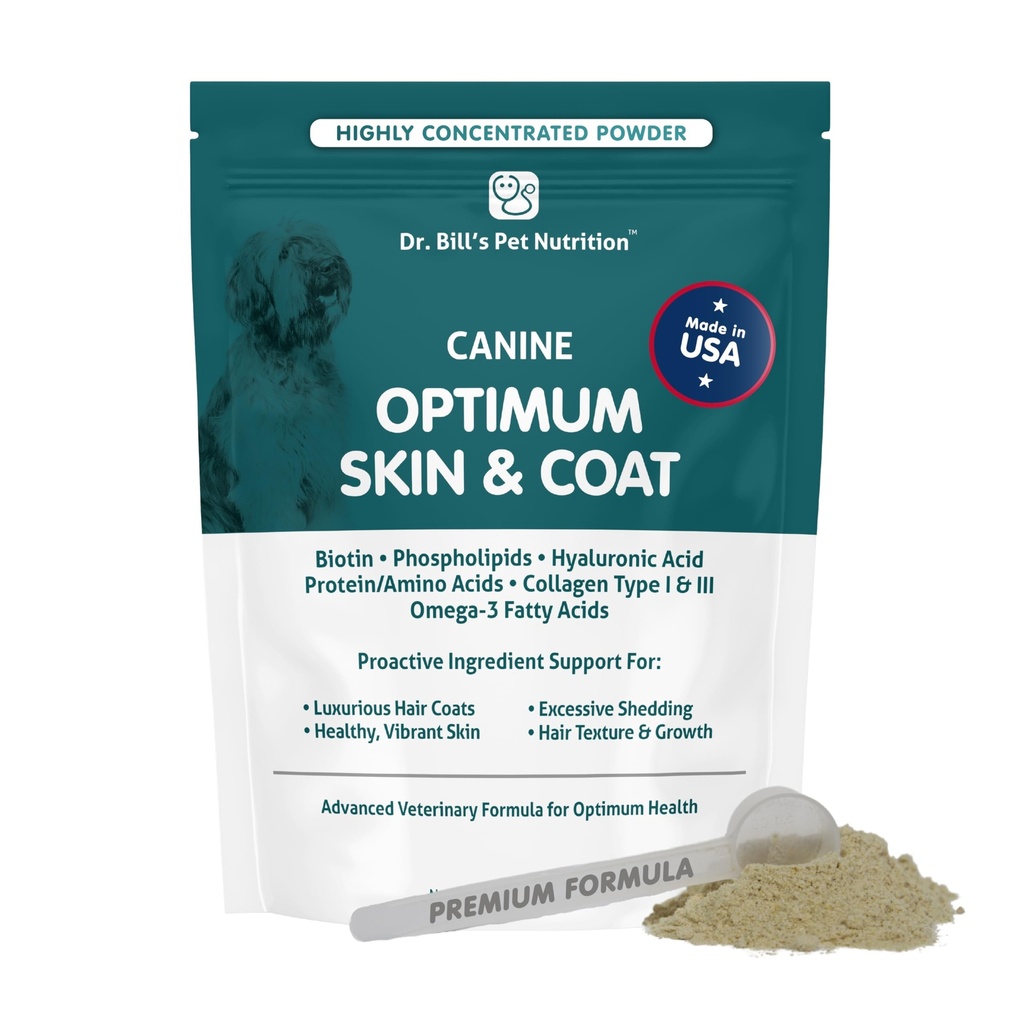 Dr. Bill's Canine Optimum Skin & Coat – Reduces Shedding, Itching, Dry Skin – Allergy Relief for Healthy Fur - Omega 3, Collagen, Biotin & Hyaluronic Acid – 340g Vet-Recommended Dog Supplement