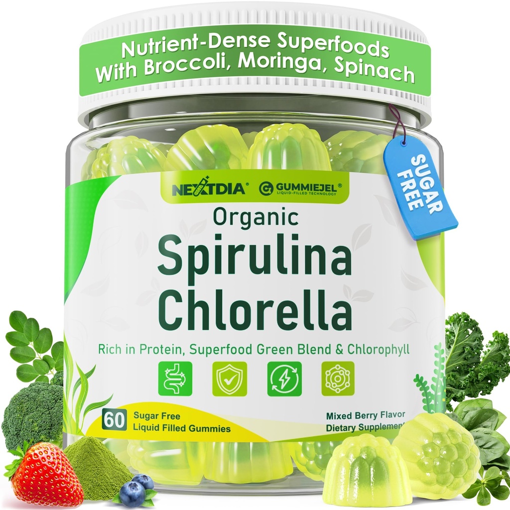 (2 Pack) Organic Spirulina Chlorella Gummies + Super Greens, High in Vegan Protein & Chlorophyll, Green Algae + Broccoli，Moringa, Spinach, C, D3, Zinc, B12 - Energy, Gut, Immune, Antioxidant, No Sugar