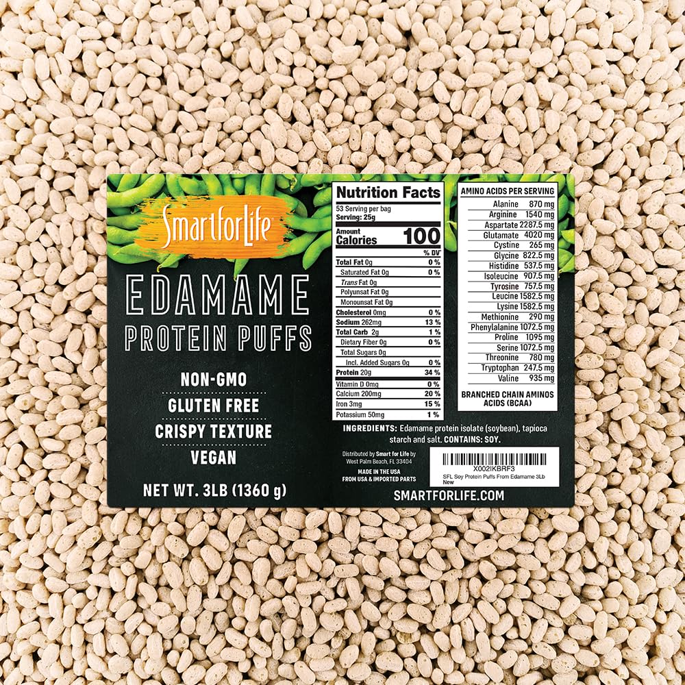 Smart for Life Soy Protein Puffs from Edamame - Izolirni vložki beljakovin z visoko vsebnostjo beljakovin brez sladkorja - 20 Grams Protein Prigrizki - Ne-GMO, Gluten-free - 3 Pound Box - 53 Servings - Soy Puffs...