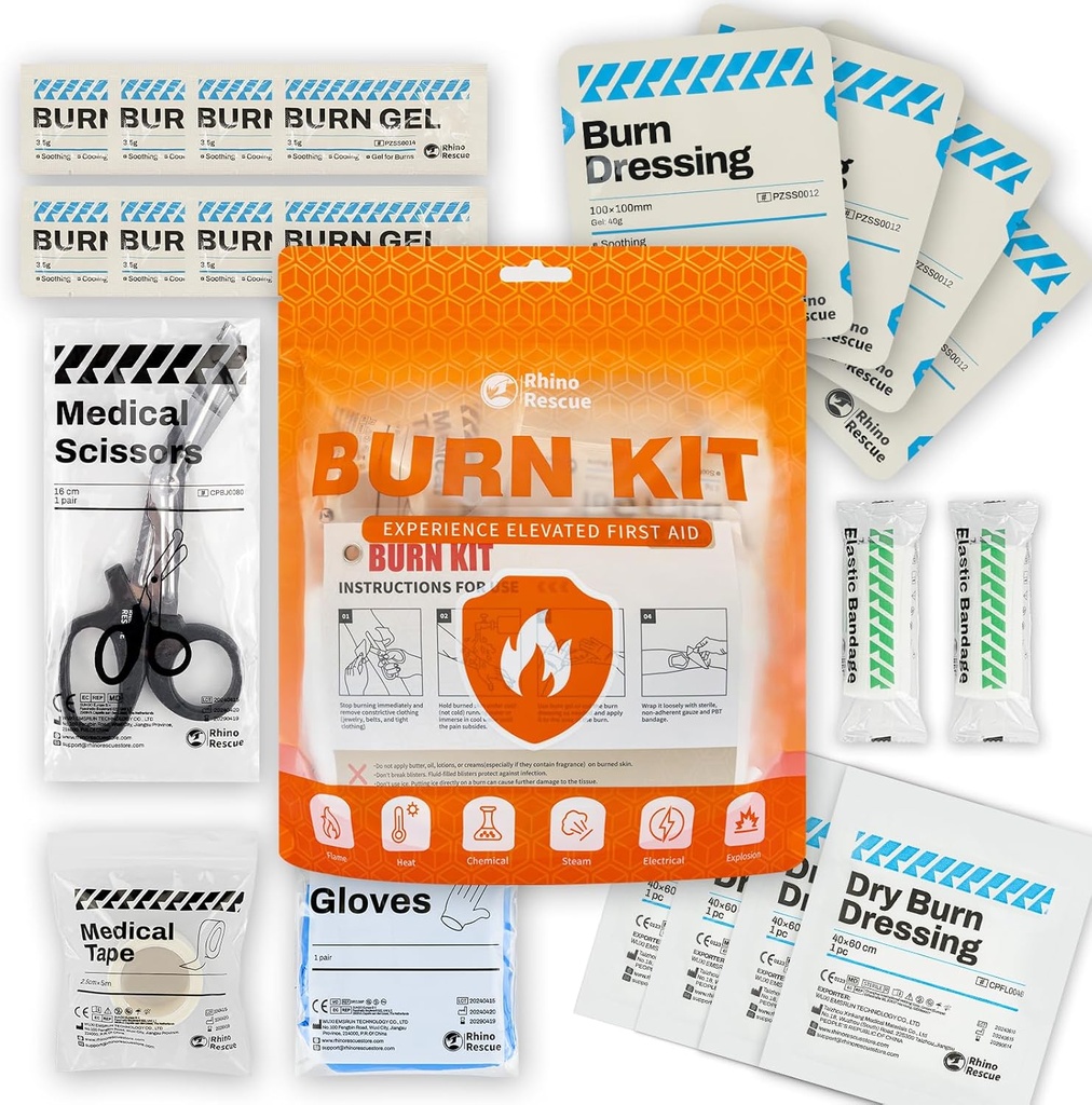 RHINO RESCUE Burn Kit, 4pcs Burning Dressings 4x4", 8pcs Burn Gel Packets 3.5g, 4pcs Burn Pads, Prva pomoč Kit Cooting Pomirjujoča krema Relief z Bandage, Nitrile rokavice, Škarje, Trak, HSA/FSA upravičen