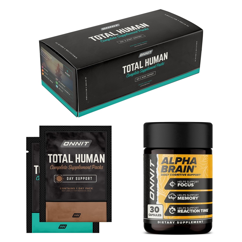 ONNIT Premium Alpha Brain Bundle - Nootropic Brain Supplement (30 Count) za fokus, koncentracija in spomin + skupni človeški dan in noč vitamin paketi za moške in ženske (30-dnevno oskrbo)