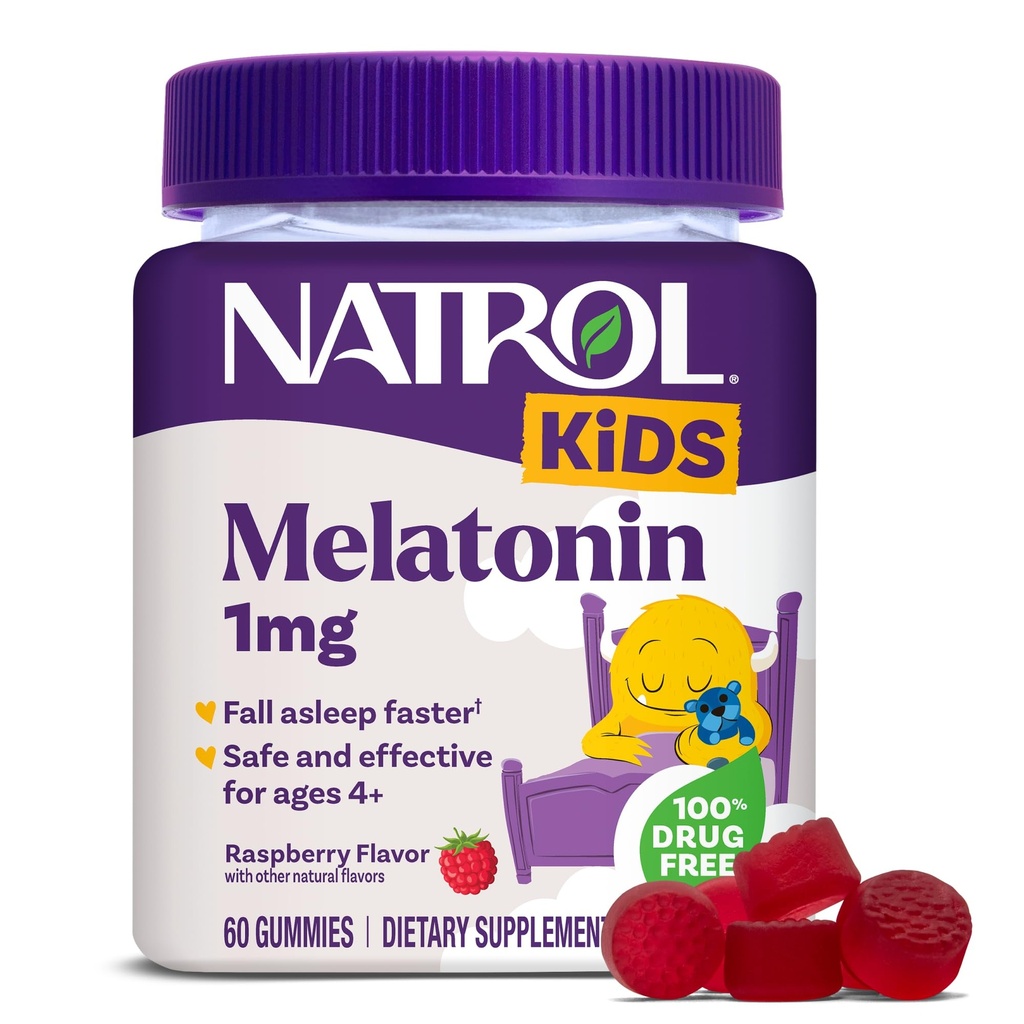 Natrol Otroci Melatonin Gumies 1mg, Otroški Melatonin za mirno spanje, 60 Raspberry-Flavored Sleep Gumies, 60 Day Supply