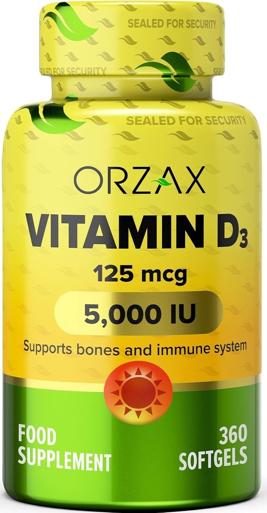 ORZAX Vitamin D3 5000 iu (125 μg) – Brez glutena, brez sladkorja, brez mleka – 1 leto Oskrba za močno mišično funkcijo in imuno podporo – Mood Supplement for Wellness (360 Softgel)