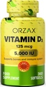 ORZAX Vitamin D3 5000 iu (125 μg) – Brez glutena, brez sladkorja, brez mleka – 1 leto Oskrba za močno mišično funkcijo in imuno podporo – Mood Supplement for Wellness (360 Softgel)
