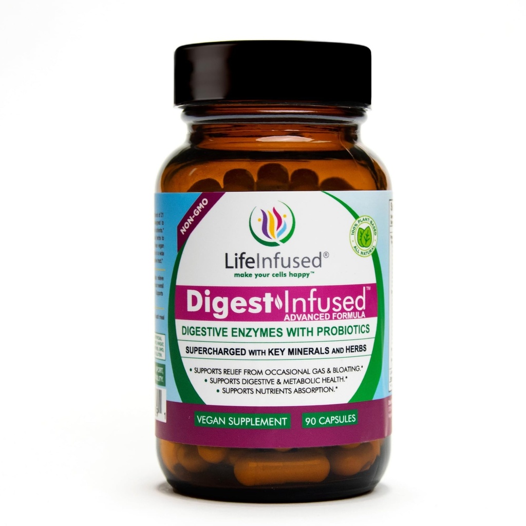 Life Infuded - Premium Digestive Enzyme dodatki - 21 Rastlinsko-bazni encimi, Proteaze, Bromelain, Amylase, Papain - Probiotics, 72 Key Minerals & Herbs - Laase Gas & Bloating. 90 strežb.