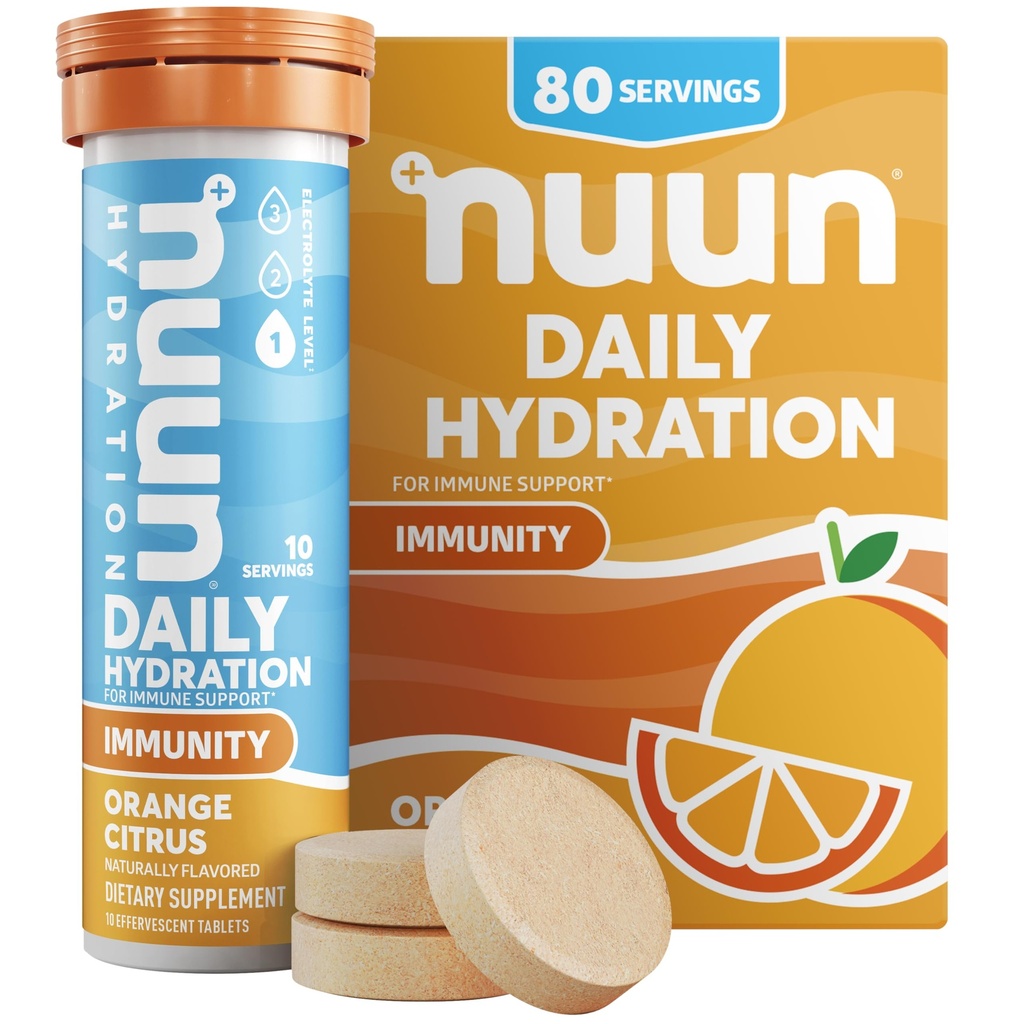 Nuun Immuniteta Elektrolitske tablete z vitaminom D, C, E, & A, ingver, Bezgove jagode, Magnezij & 4 drugi esencialni elektroliti, Vegan, Orange Citrus, 8 Pack (80 Servings skupaj)