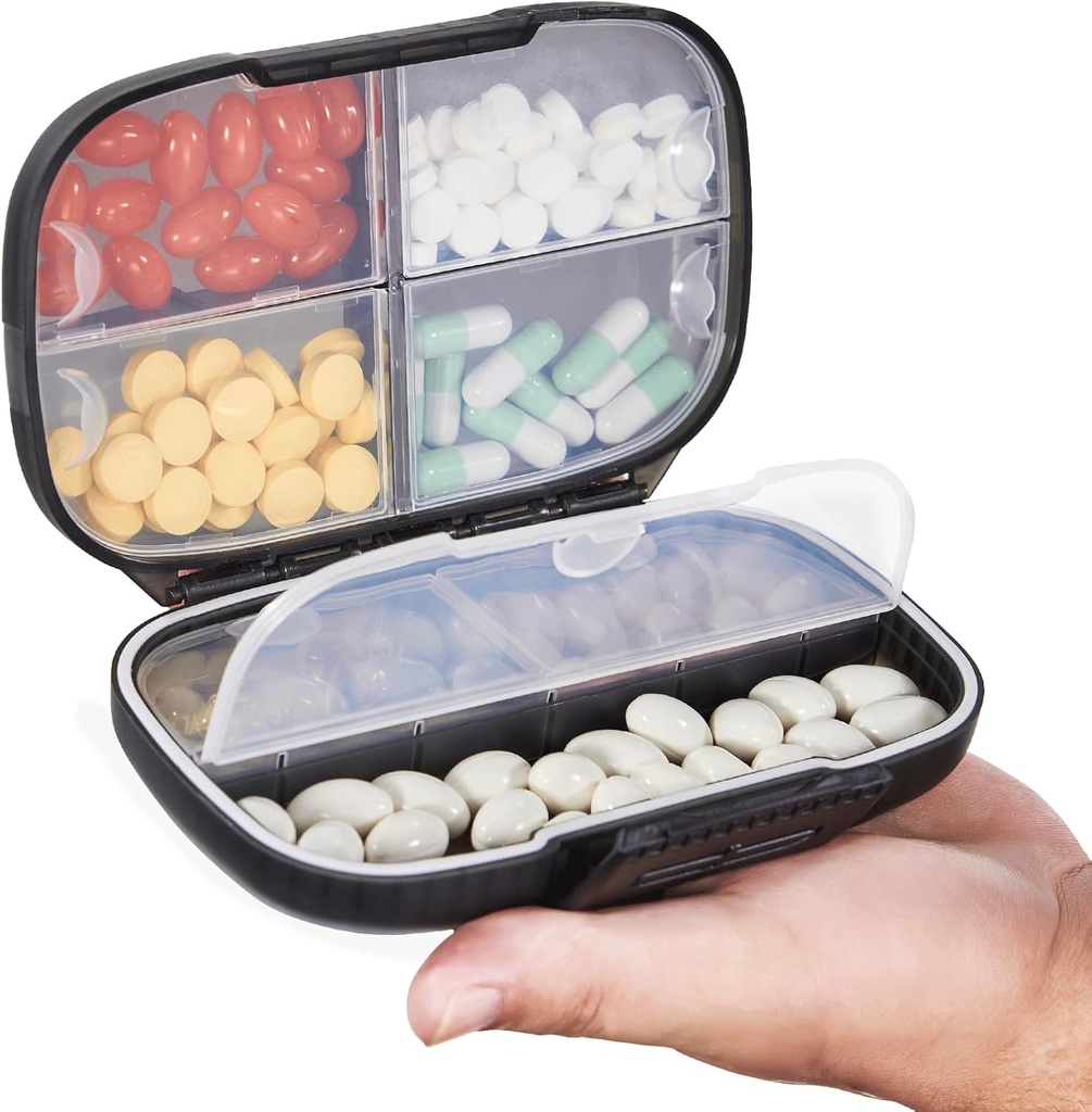 Sukuos potovalne tablete Organizator teden z dvojno ključavnico, Prenosne tablete polje z velikim 7 Kompartment, Airtight Daily Medicine Case Container z nalepkami za vitamine/ribja olja/dodatki