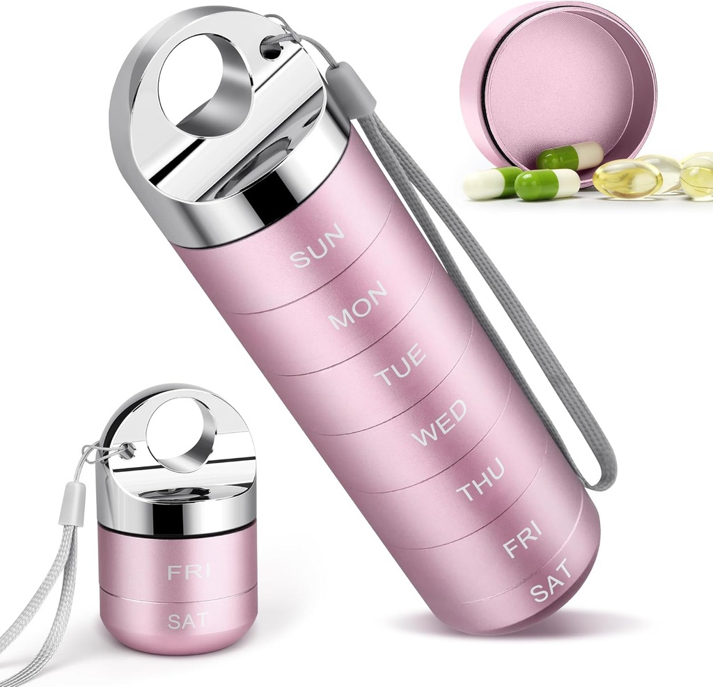Metal Travel Organizer, Prenosni tedenske tablete Box, vodoodporne velike Aluminij zlitina 7 dan Vitamin Container, BPA Free Daily Medicine Organizator Imetnik za vitamin, dodatek, ribje olje (Cute Pink)