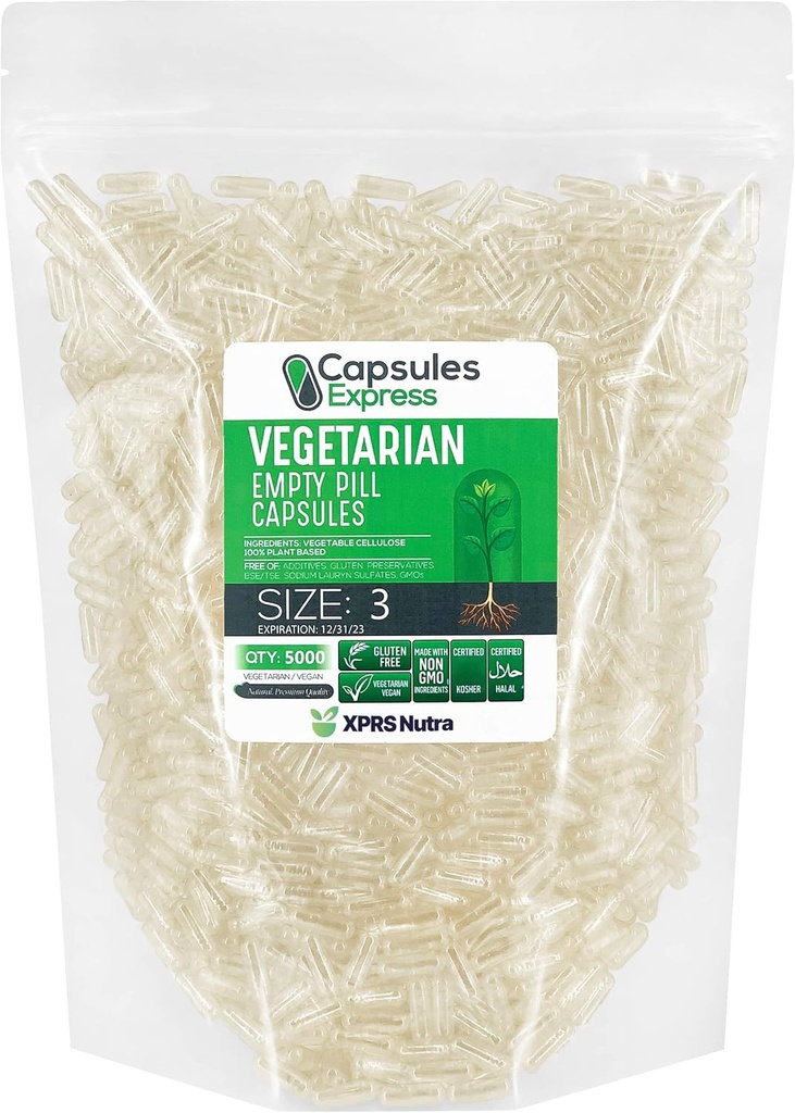 XPRS Nutra velikost 3 prazne kapsule - 5000 Število jasno prazne veganske kapsule - vegetarijanske prazne tablete - DIY Zelenjavna kapsula Polnjenje - Veggie Pills