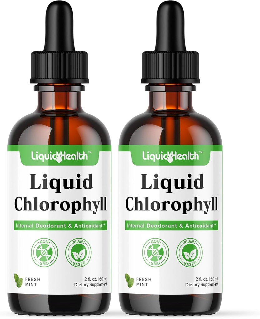 LIQUIDHEALTH Tekoči klorofil kapljice - notranji deodorazizer, antioksidanti, detoks jeter, Imunska podpora, lajšanje slabega dihanja, zmanjšanje apetita, kolagen za zdravje las in kože - Vegan, Non-GMO (2 paket)