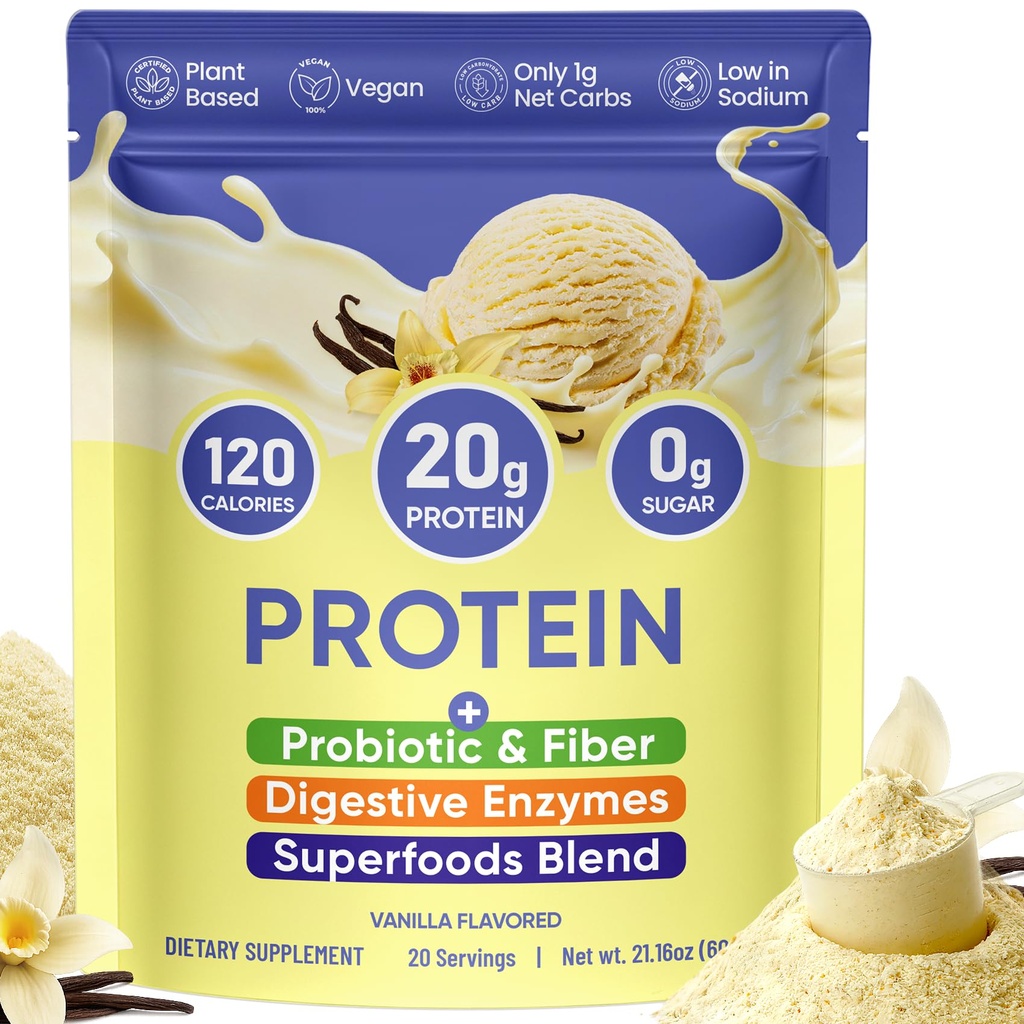 Venture Pal Vanilla Plant Protein, 20g Vegan Protein Powder with Digestive Enzymes, Fiber & 9B CFU Probiotics - Easy to Digest | Non-GMO | 20 Servings