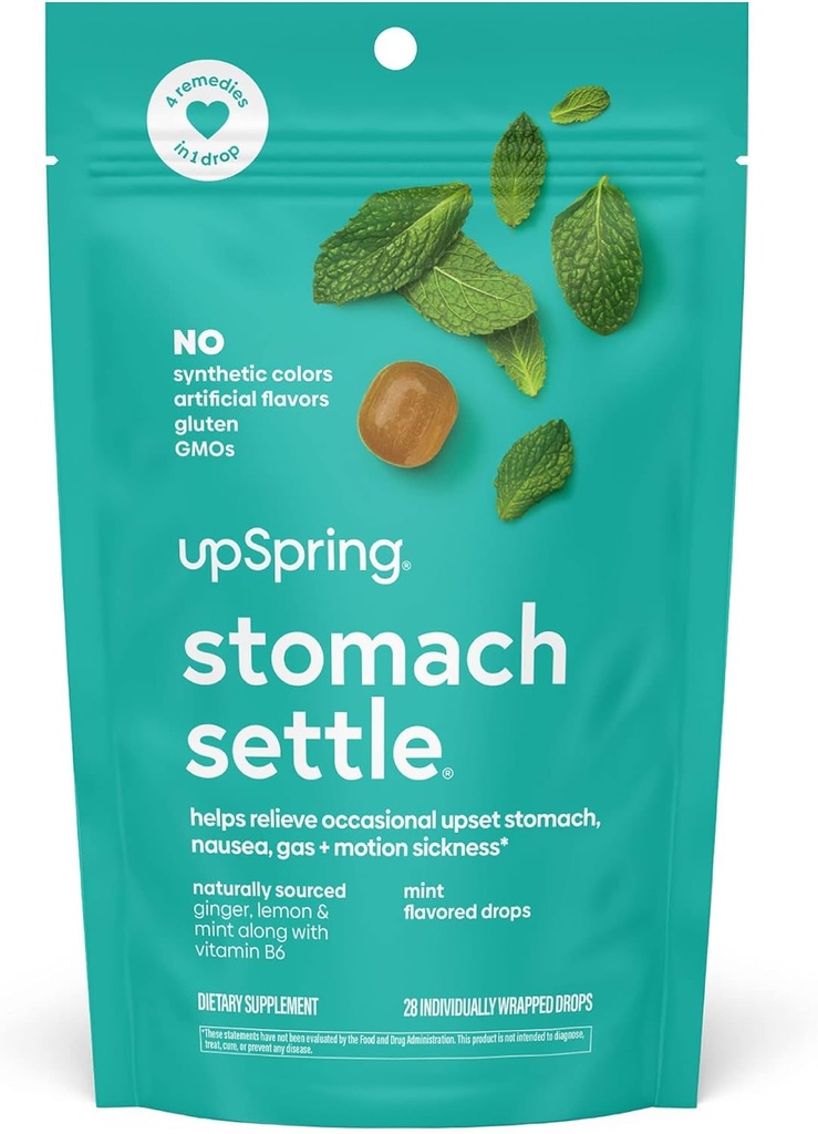 UpSpring Želodec umiri kapljice za občasno slabost Relief / Upset Želodec z ingver, Lemon, Spearmint, in B6. Mint Flavor kapljice, 28 Ct(Packaging maj Vary)