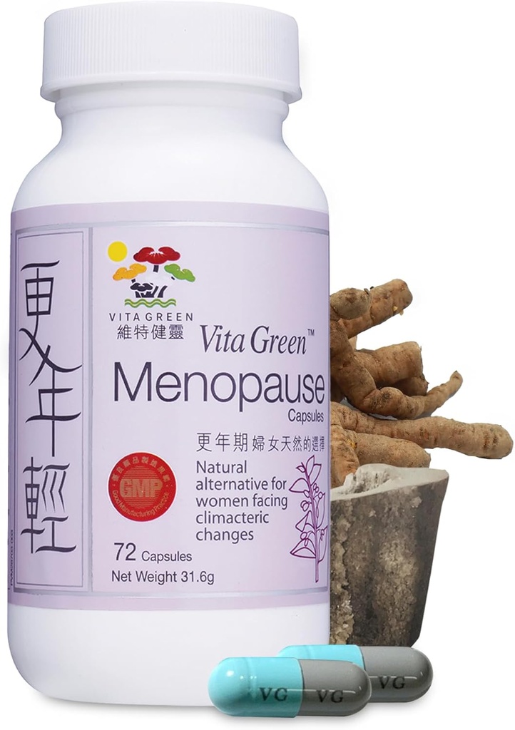 Vita Green Menopause Dodatki za ženske, Hot Flashes Menopause Relief, Menopavzni simptomi, Hormonalna koža & Lasje Izboljšanje, Sprostitev spanja, nočno potenje, 100% naravni - 72 kapsul