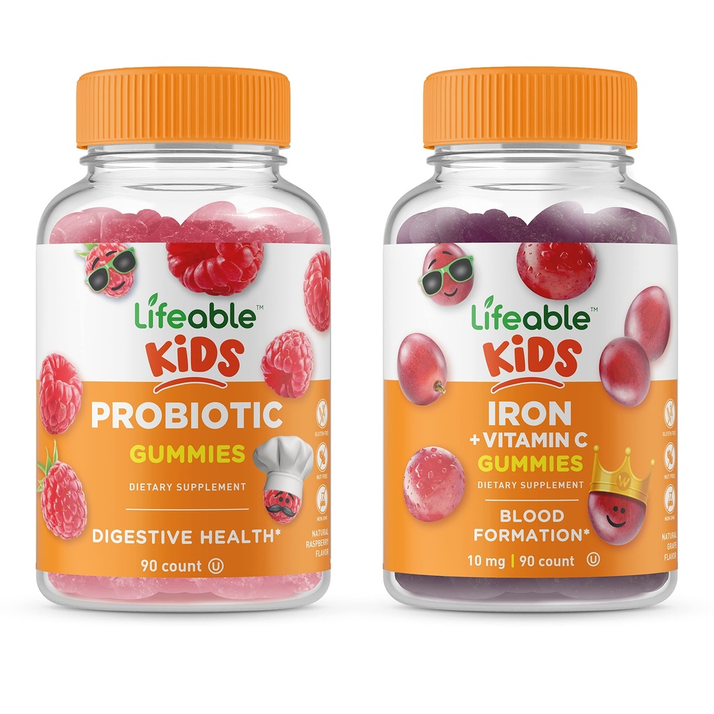Življenjski probiotik 2 milijarda CFU otroci + Iron & Vitamin C otroci, Gummies Bundle - odlično degustacija, Vitamin dopolnilo, Gluten brezplačno, GSO brezplačno, Žvečljivi gumi