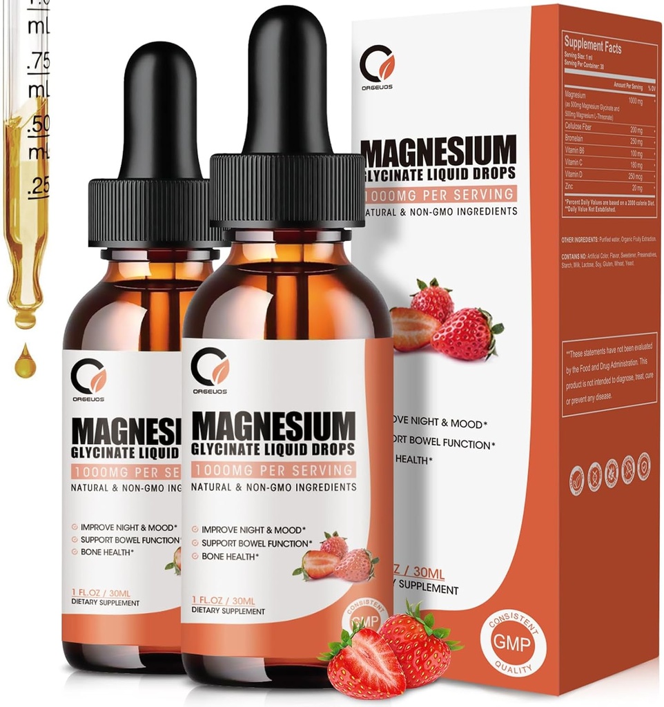 Magnezij Glycinate Tekoče kapljice,1000 mg Tekoči magnezij dodatek z bromelainom, vitamin B6 C D, visoka absorpcija Magnezijev kompleks za noč, mišice in energijo podpora, 1 Fl Oz (Pack of 2)