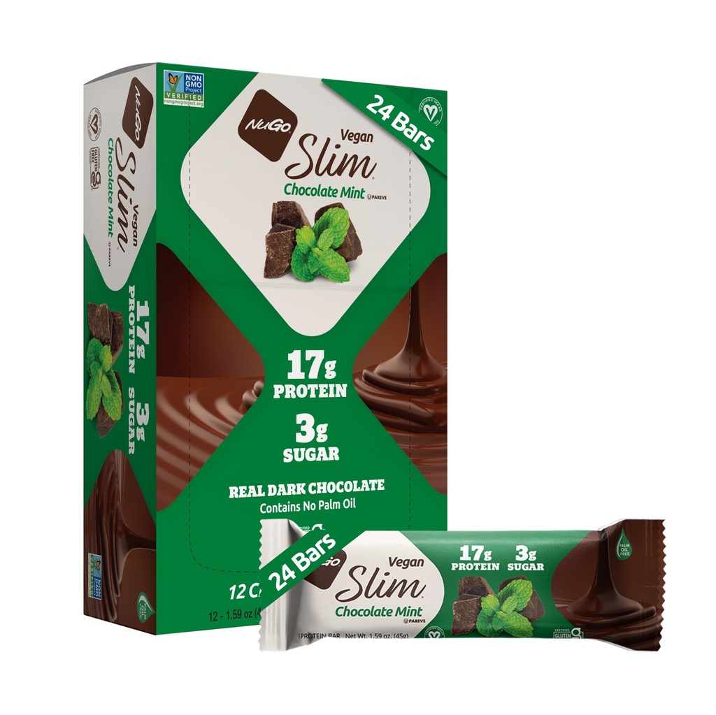 Nugo Slim Temna čokolada Mint, 18g Veganski proteini, 3g Sladkor, 6g Fiber, Nizko neto Carb, Keto prijazno, Gluten brezplačno, 24 Število