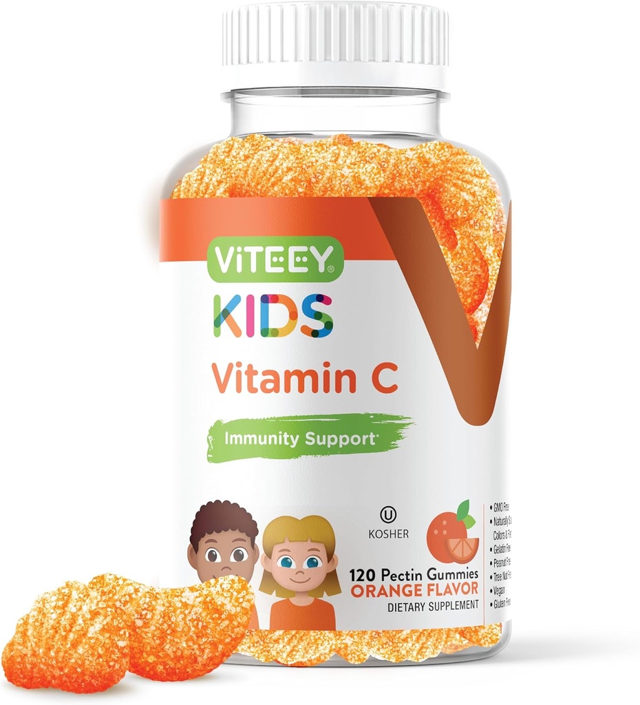 Viteey Kids Vitamin C Gumies - Imunska podpora za otroke, malčke, & najstnike - Vegan, želatina brez glutena, brez GSO - Okusna žvečljiva pomaranča z okusom imunitete Gummy