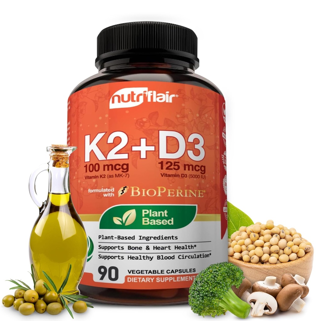 NutriFlair Vitamini D3 (5000iu/125mcg) + K2 (kot Mk7) - Narejeni z rastlinsko bazičnimi sestavinami Plus izvleček črnega popra BioPerine, 90 kapsul - podpira zdravo imuno, srce in zdravje - tablete, ki niso GMO