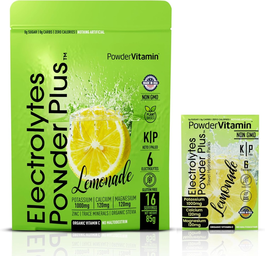 PrašekVitamin Elektroliti v prahu Plus, keto, limonada, brez sladkorja, roza himalajska sol, 1000mg kalij, 120mg kalcij, 120mg magnezij, ne-GMO, nič kalorij, (16 hidracijski paketi)
