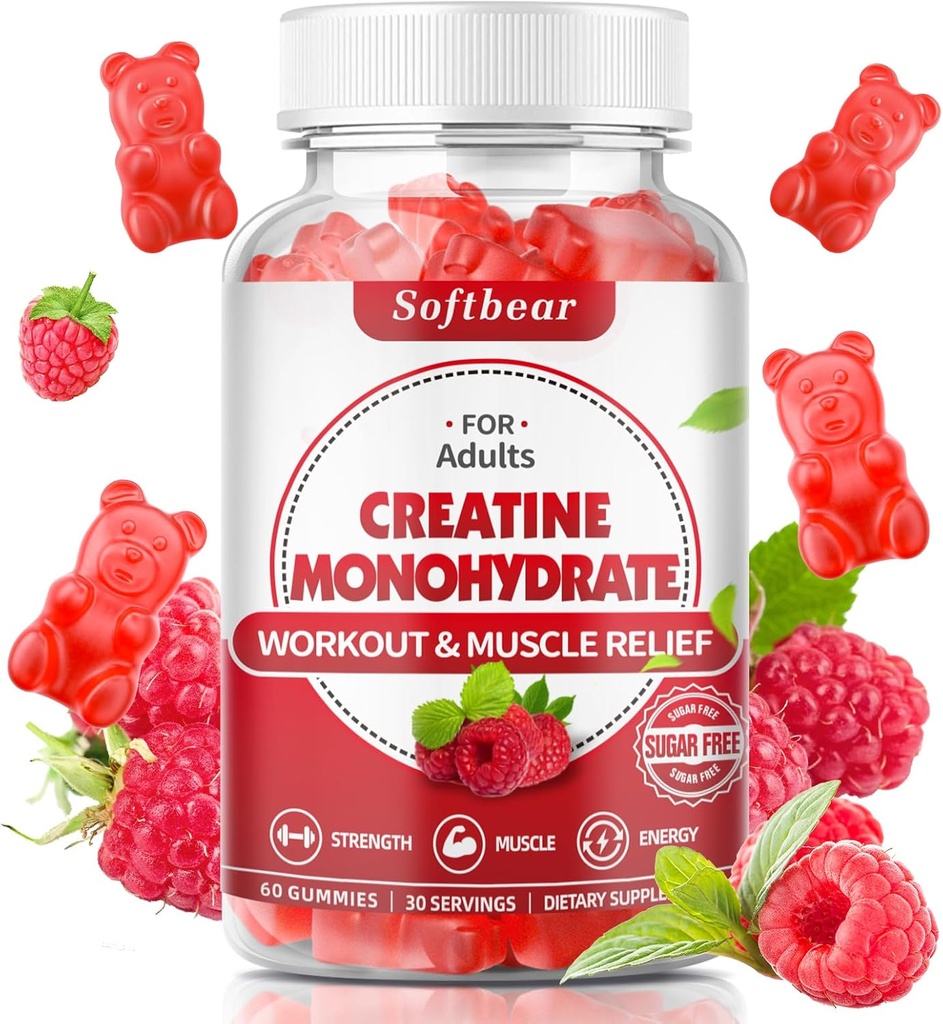mehki medved Kreatin Monohidrat Gumiji za moške ženske, Vegan Kreatin Dodatek 5000mg Kreatin HCL Pred vadbo Gumiji za mišice Graditelj Moč Malina Okus 60 Count