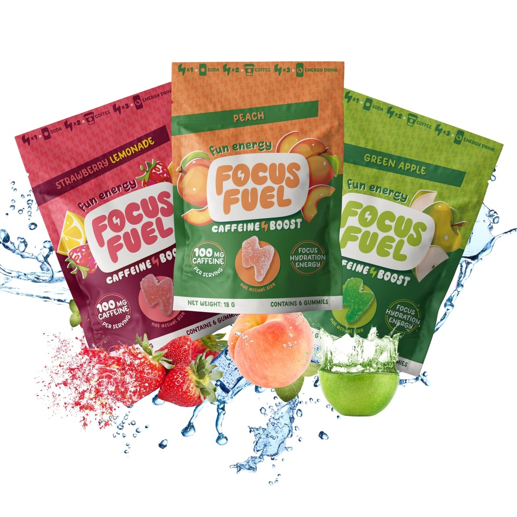 FocusFuel Energy Chews – Trial Size Variety Vzorec Pack (9 Servings) – 100mg Kofein + Alpha GPC + L-Theanine + B12, Magnezij – Peach, Green Apple, Jagodna limonada Okusi – Brez Crash ali Jitters