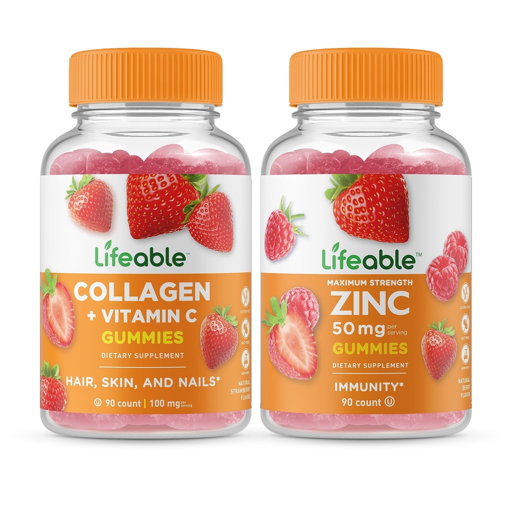 Življenjski kolagen & vitamin C + cink 50mg, Gummies Bundle - odličen okus, vitamin dopolnilo, Gluten brezplačno, GSO brezplačno, žvečljivi gumi