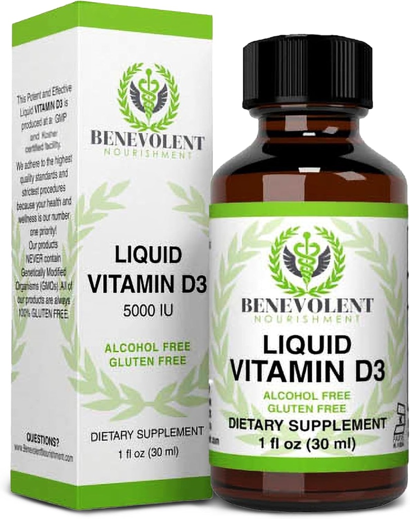 Ugodne hranilne snovi Vitamin D3 Kapljice 5000 i.e. - Močne in učinkovite 1000 i.e. na kapljico - hitro absorbirajo tekoči prehranski dodatek - 100% alkohol in gluten brezplačno