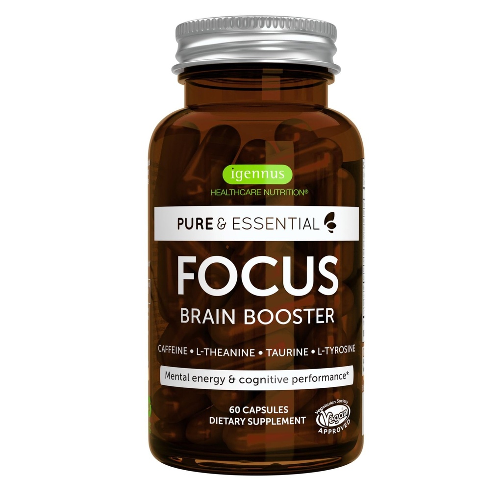 Igennus Focus - Nootropic z 200mg naravnim kofeinom, metilirani vitamini B, L-teanin, tavrin, L-tirozin, čista energija, pospeševalec možganov in kognitivna učinkovitost, nejedkost, 60 kapsul