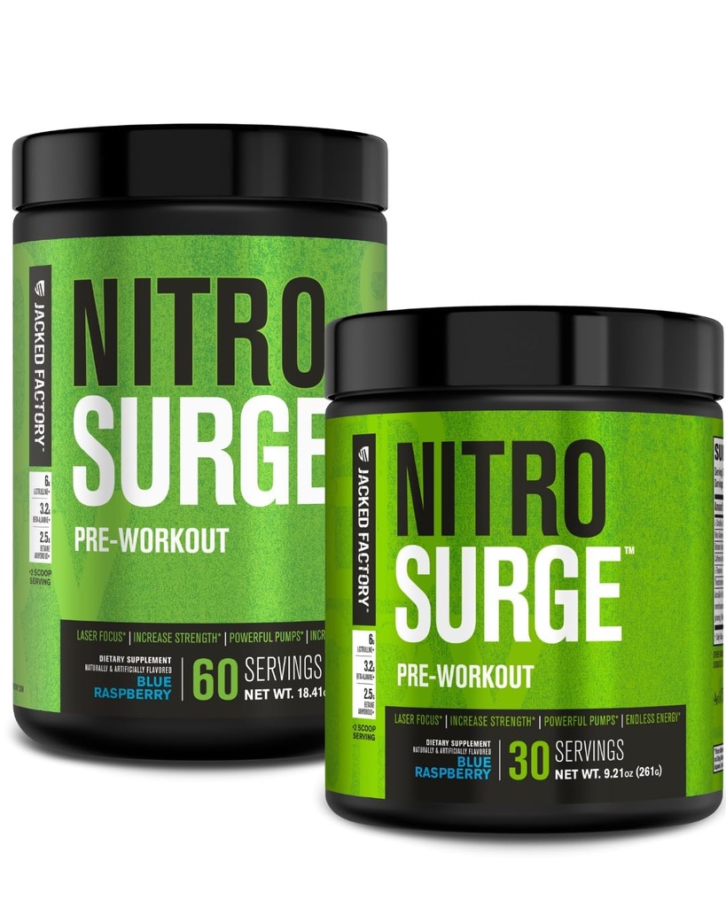 Jacked Factory NITROSURGE Pre Workout dodatek - Energy Booster, Instant moč pridobi, Jasno Fokus & Intense črpalke - NO Booster & Močni Preworkout Energy Powder - 90 Servings, Modra malina