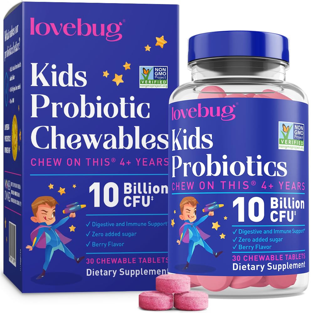 LJUBEZEN Probiotiki za otroke – Probiotični žvečilni izdelki s prebiotično vlakni za starost 4+,Daily Children's Gut Health & Digestive Supplement, Sugar-free Berry Flavor, 30 Count
