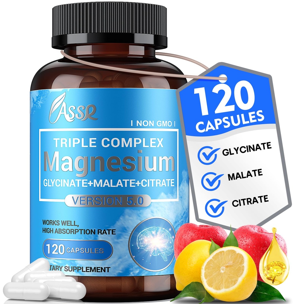 ASSR Triple Magnezij Complex – 300 mg Magnezij dodatek z glicinat, malat in citrat – Podpira sprostitev, mišice in živec funkcijo – visoka absorpcija, vegan, ne-GMO, 120 kapsul