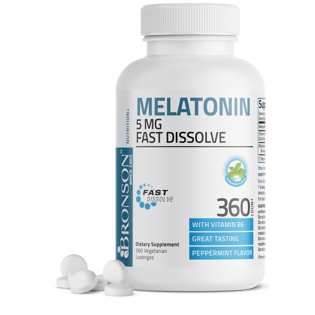 Bronson Melatonin 5mg hitro raztopite pepermint tablete z vitaminom B6 - spodbuja sprostitev, 360 vegetarijanske žvečljive Lozenges