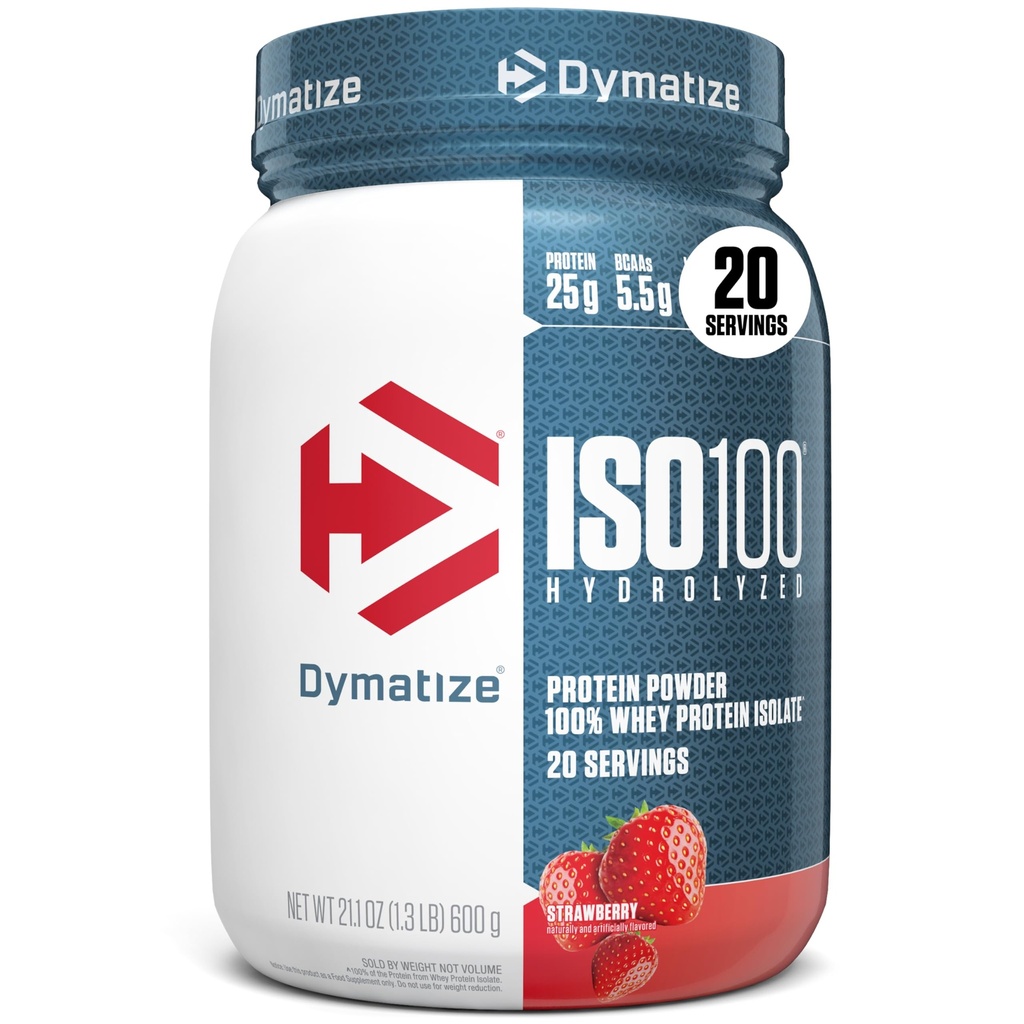 Dymatize ISO100 Whey Protein Powder Isolat, Jagoda, 25g beljakovin, 5,5g BCAA, manj kot 120 Cal., Gluten brez, 1g maščobe, 1g sladkorja, 2g ogljikovih hidratov (20 servingov)