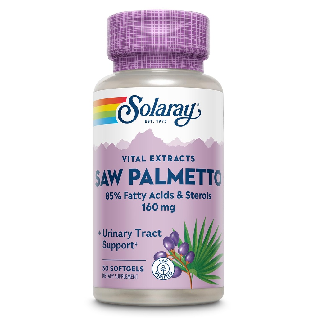 SOLARAY Saw Palmetto Extract - Prostata Zdravje in urein Tract Podpora - 136 mg Maščobne kisline in steroli - Laboratorij preverjen, 60-dnevni denar nazaj garancije (30 Serving, 30 Softgels)