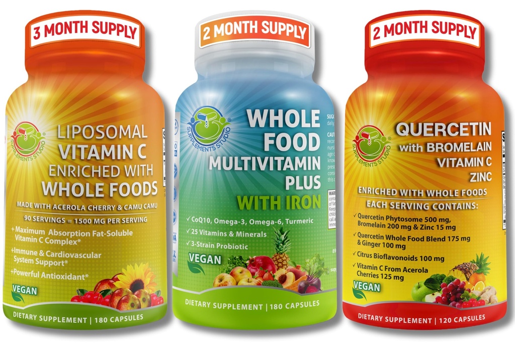 DOPOLNILNI STUDIO Veganski Imunski, Energy & Celo telo podpora Bundele – Vegan Cela hrana Multivitaminski z železom + liposomski vitamin C 1500mg + Quercetin z bromelainom, cinkom in vitaminom C – ne-GMO