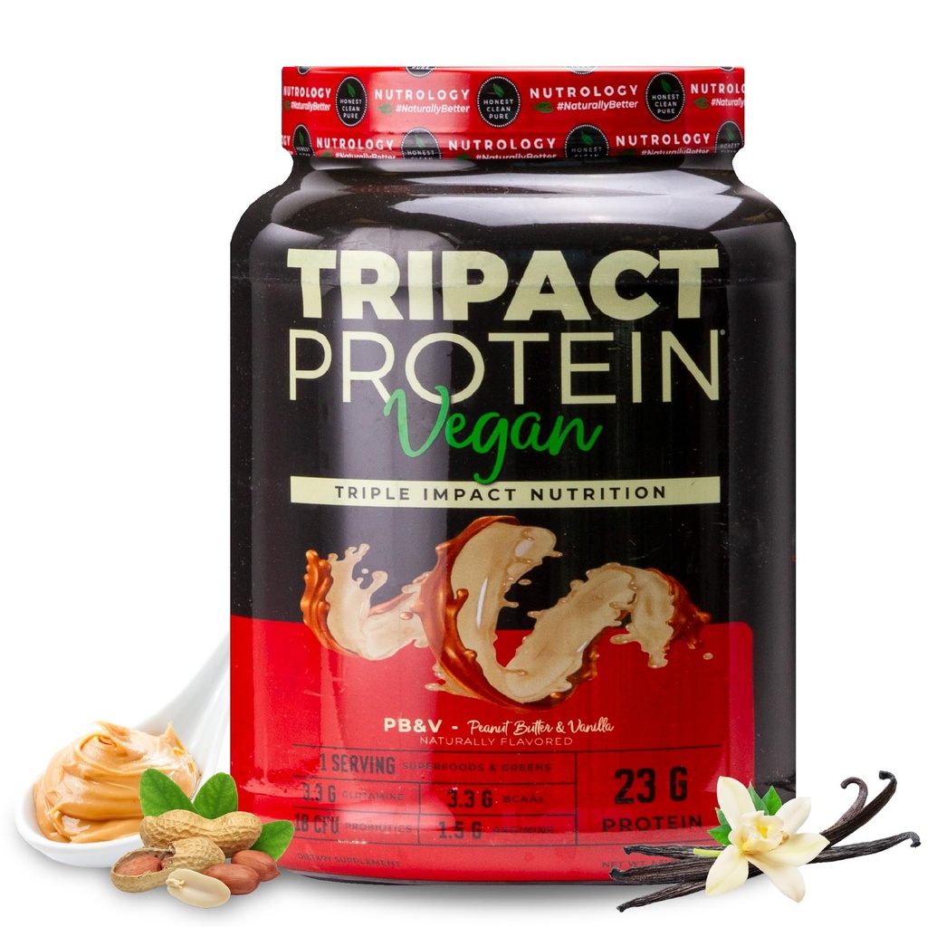 Nutrologija TRIPACT Vegan Protein Powder - Organic Pea, Rice & Bucha Protein, BCAA & Glutamin Rastlinski nadomestki za obnovo mišic in imuniteto, arašidovo maslo & Vanilla, 20 Servinga