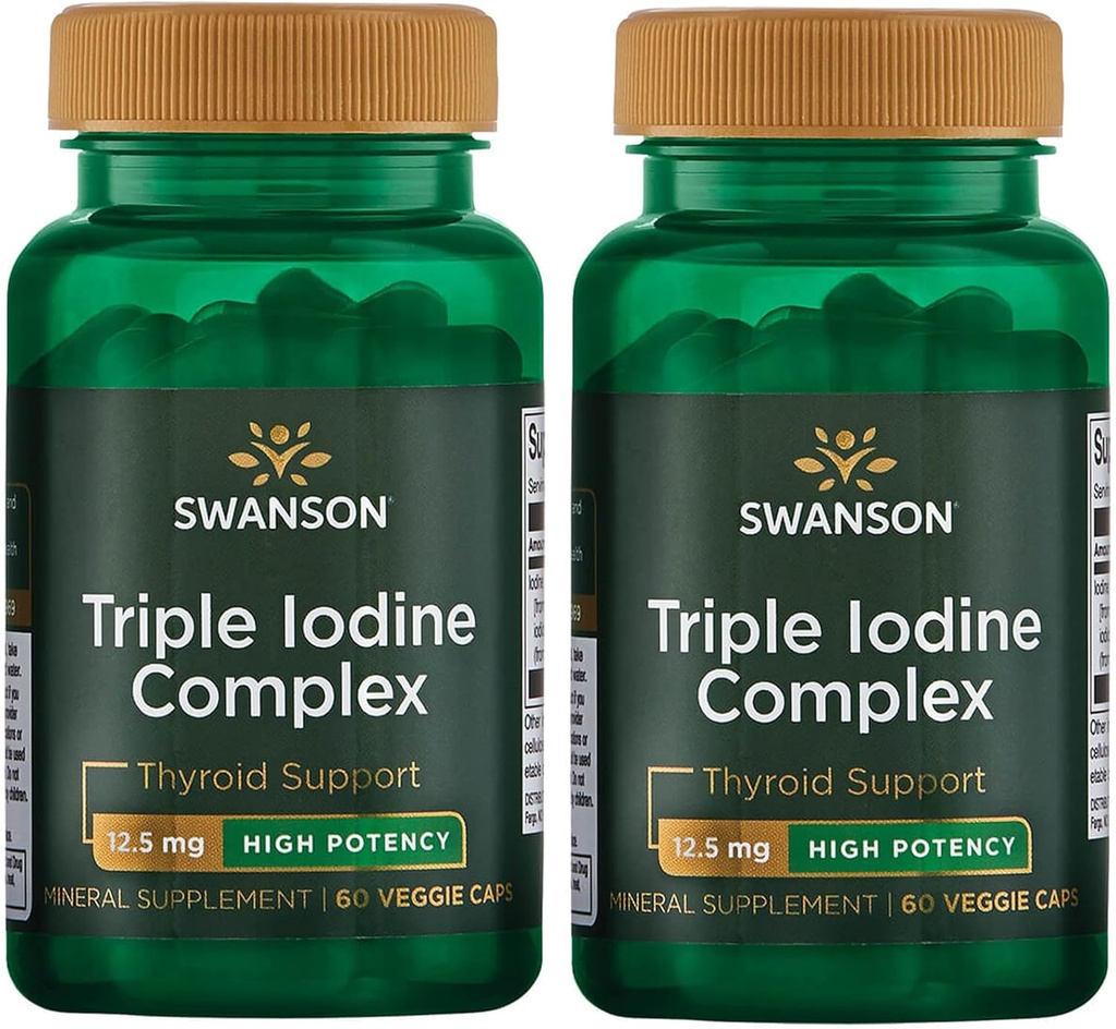 Swanson Triple Jodine Complex-Fizional Supplement for Vital Thyroid Support-Promotes Metabolic funkcijo, povečanje proizvodnje rdečih krvnih celic, in zdravje srca-(60 Veggie kapsule, 12, 5mg vsak) 2 pakiranje