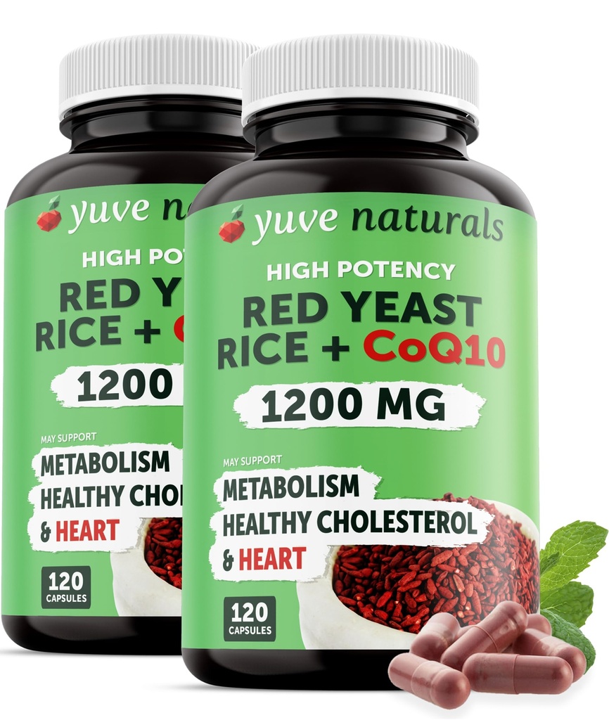 Rdeči riž 1200 mg Kapsule s CoQ10 - Ohranite zdrave ravni holesterola, Herbal Heart Health Vegan Rdeči riž Dodatek - Rdeči riž Kvas s CoQ10 za ženske in moške - 120 Ct (2-Pack)