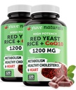 Rdeči riž 1200 mg Kapsule s CoQ10 - Ohranite zdrave ravni holesterola, Herbal Heart Health Vegan Rdeči riž Dodatek - Rdeči riž Kvas s CoQ10 za ženske in moške - 120 Ct (2-Pack)