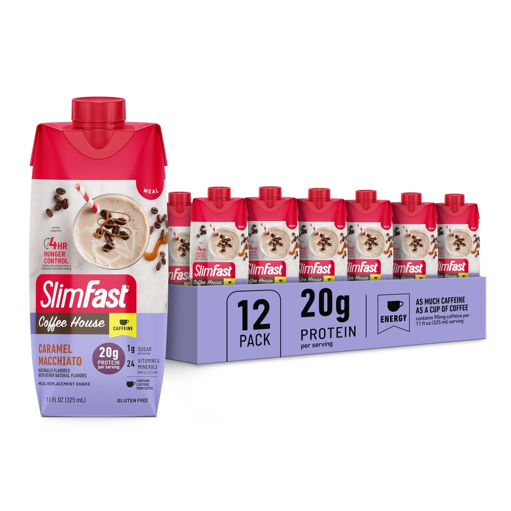 SlimFast Protein Shake with Caffeine, Caramel Macchiato- 20g Protein, Meal zamenjava Shakes, Visoke beljakovine z nizko vsebnostjo ogljikovih hidratov in nizko vsebnostjo sladkorja, 24 Vitamini in minerali, 12 Število (Pack of 1)