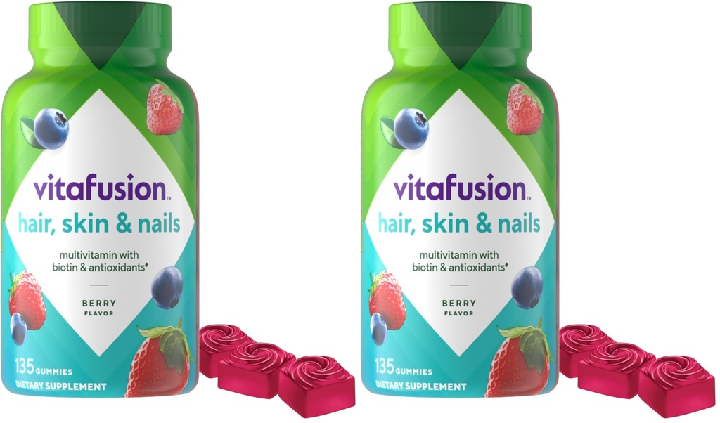 Vitafuzija Prekrasni lasje, kože in nohti Multivitamin Plus Biotin in antioksidanti Vitamini C&E, Raspberry Flavor, 135ct (45 Day Supply), iz ameriške številke ena Gummy Vitamin Brand (Pack z 2)