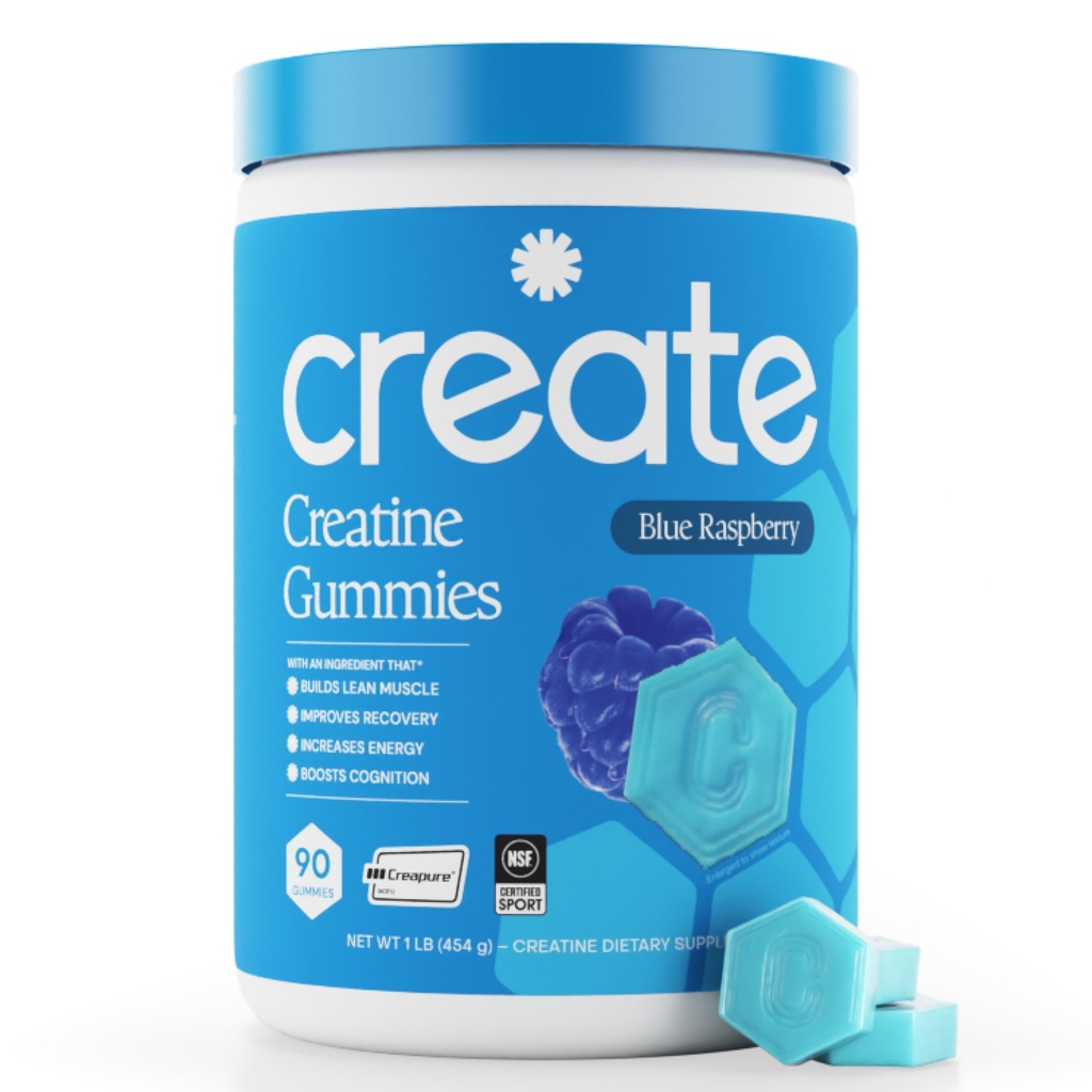 Ustvarite Kreatin monohidrat Gumije za moške in ženske, Boost Focus, Moč in vzdržljivost, Anti-Melting Formula, Vegan, Gluten-free, Non-GMO, 1.5g kreatin na Gummy (Modra malina, 90 ct)