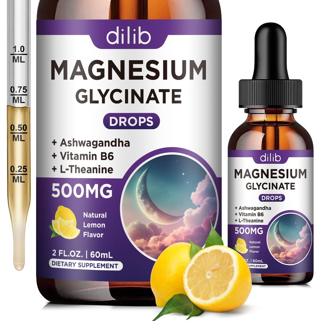 Magnezij Glycinate dodatek, Magnezij tekoče kapljice z Magnezij Glycinate 500mg Vitamin B6, Ashwagandha, L - Theanin, Kamilica -Podpora Stress Relief, kosti, mišice, Mood Vegan