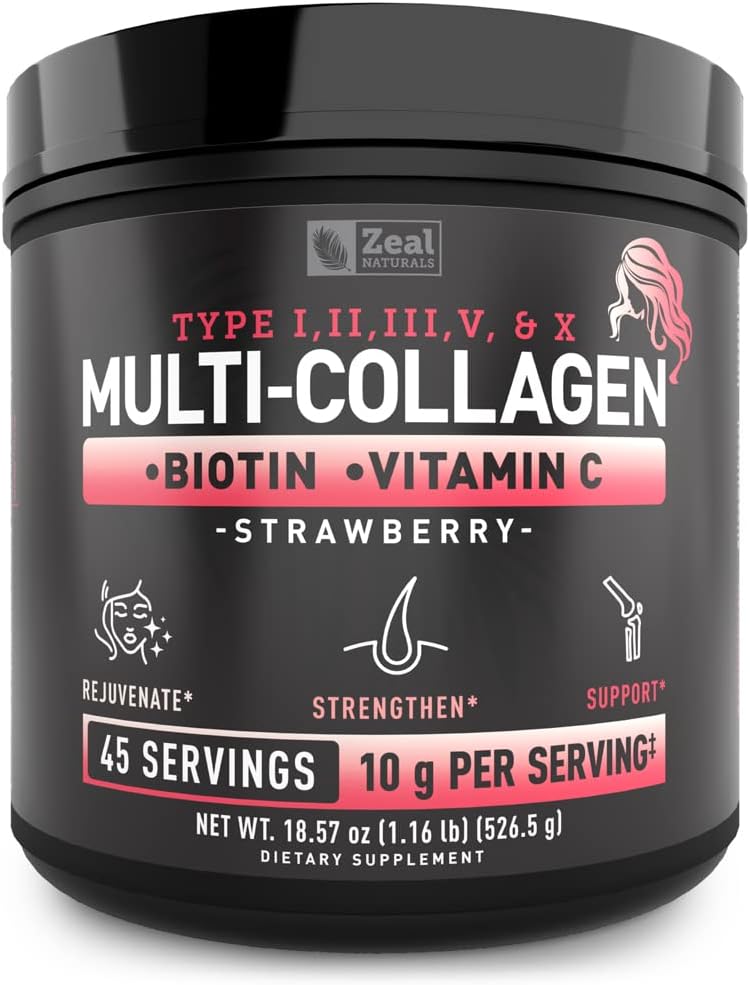 Premium Multi colagen Peptides Protein Powder (1, 2, 3, 5 in 10) z vitaminom C, biotin, hialuronska kislina, za kožo in nohte las - marin, goveja, piščančja in jajčna lupina (Strawberry, 45 Servings)