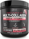 Premium Multi colagen Peptides Protein Powder (1, 2, 3, 5 in 10) z vitaminom C, biotin, hialuronska kislina, za kožo in nohte las - marin, goveja, piščančja in jajčna lupina (Strawberry, 45 Servings)