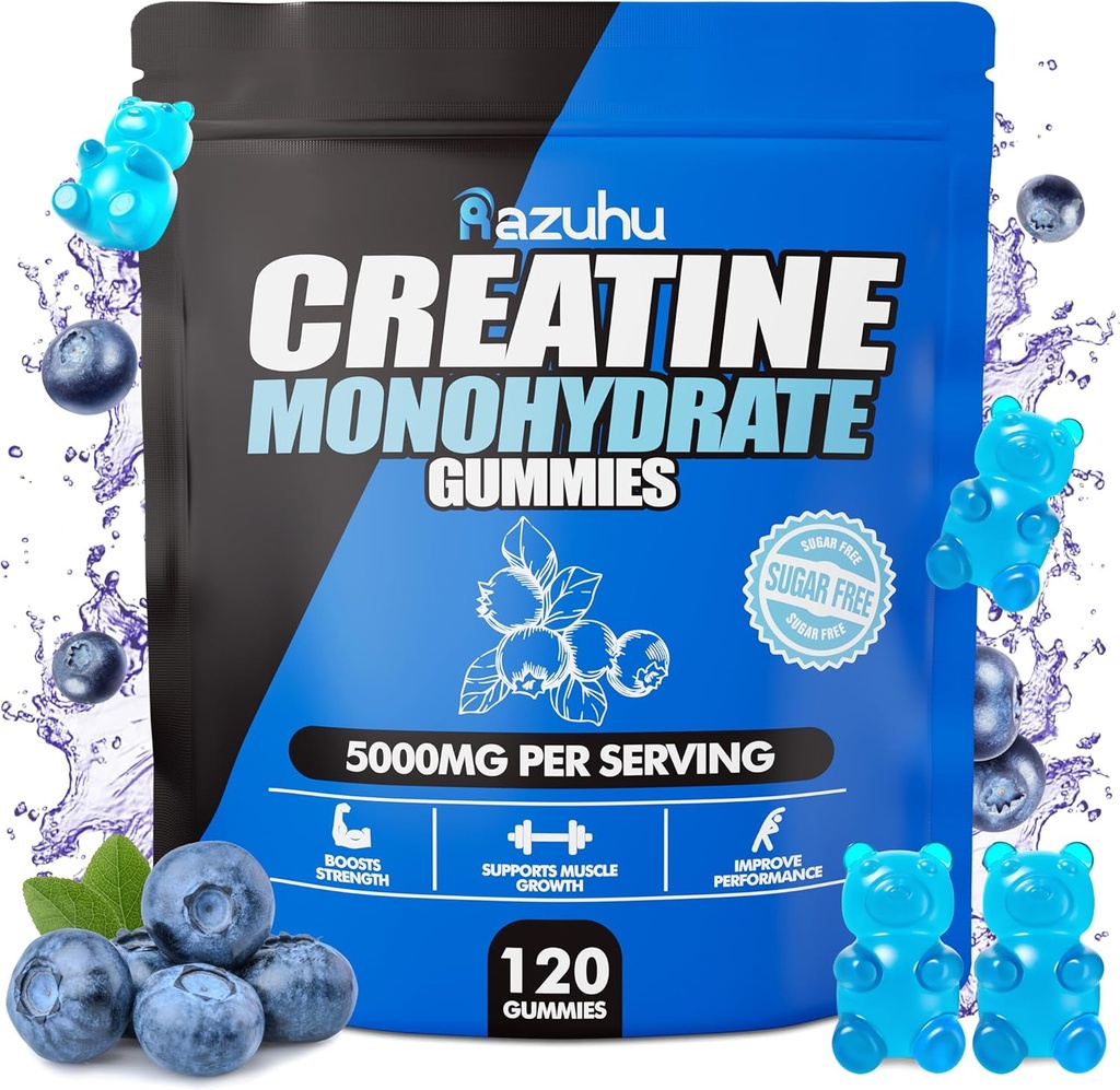 Pre Workout hcl kreatin monohidrat Gumies, 120 Modra žvečenje za moške (Blueberry), kreatin hcl Energy Supplement za ženske, sirotkin izolat Vitalni vir Feminine Gumies